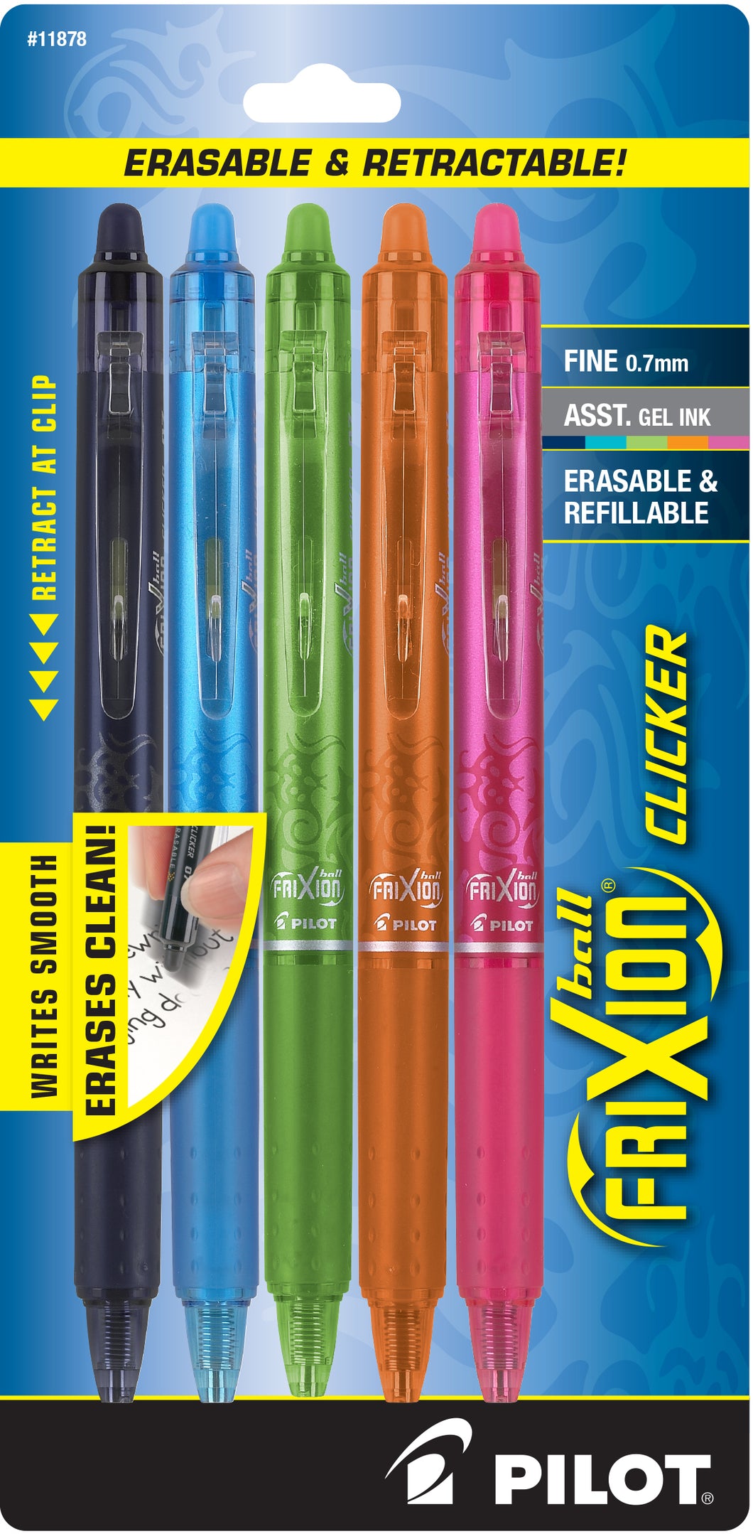 Pilot Frixion Clicker Erasable Pen with Navy, Turquoise, Lime, Orange, and Pink Gel Ink. 5pk 0.7mm